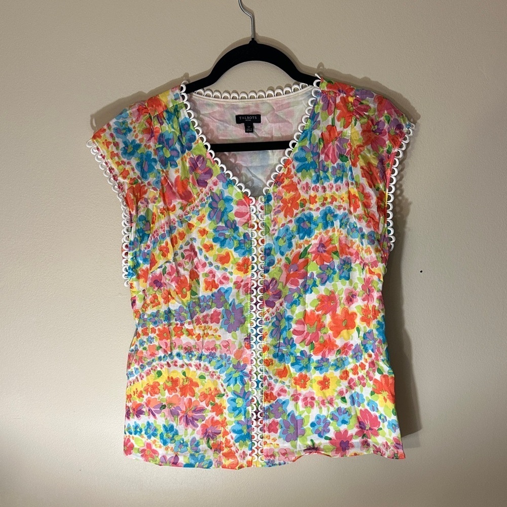 Talbots Multicolor Floral Blouse with Lace Trim